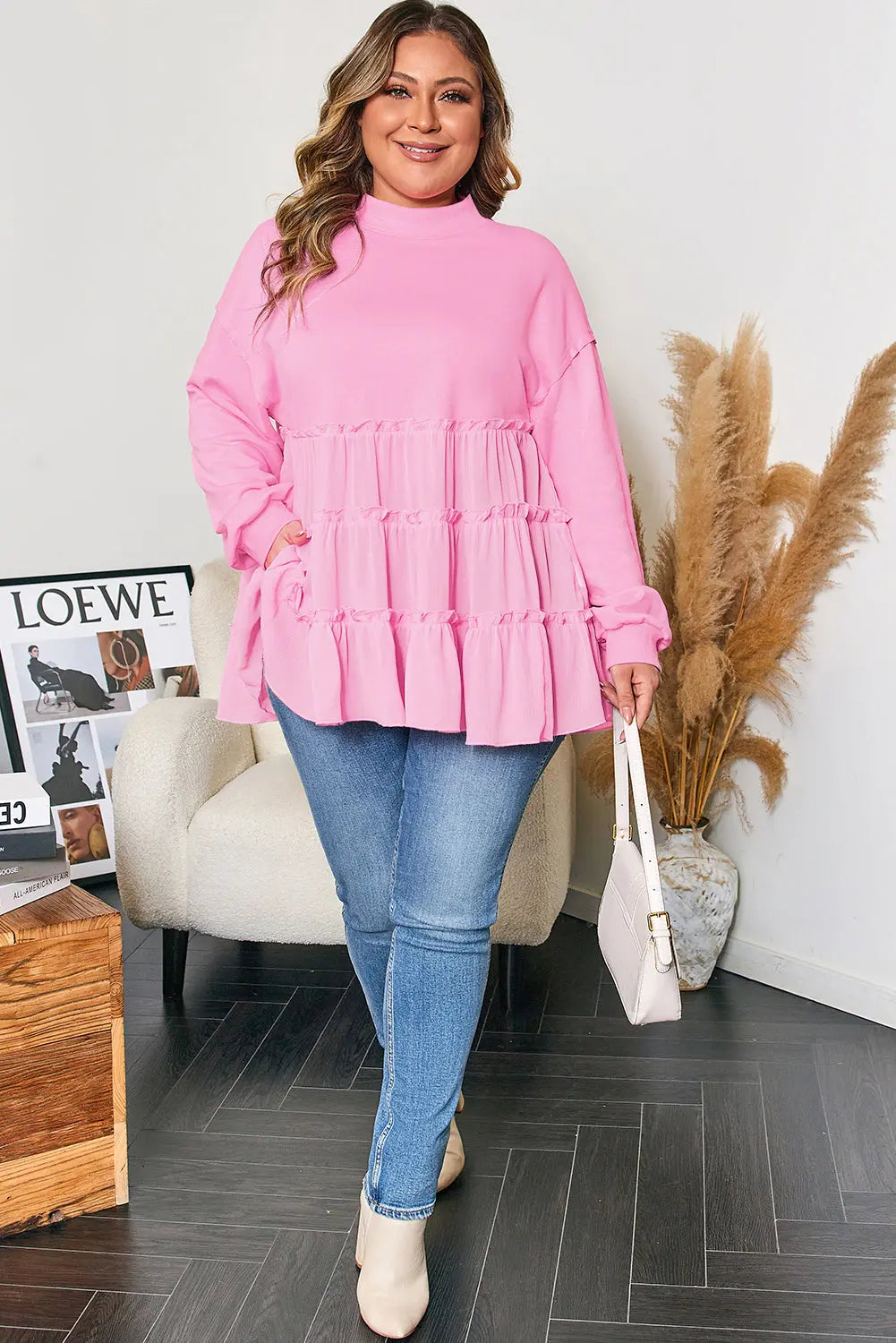 Pink Tiered Ruffle Ribbed Crew Neck Pullover Plus Size Top Dear-Lover Dropshipping