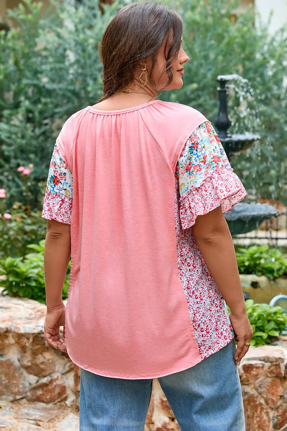 Pink Plus Size Floral Patchwork Ruffled Short Sleeve Blouse Dear-Lover Dropshipping