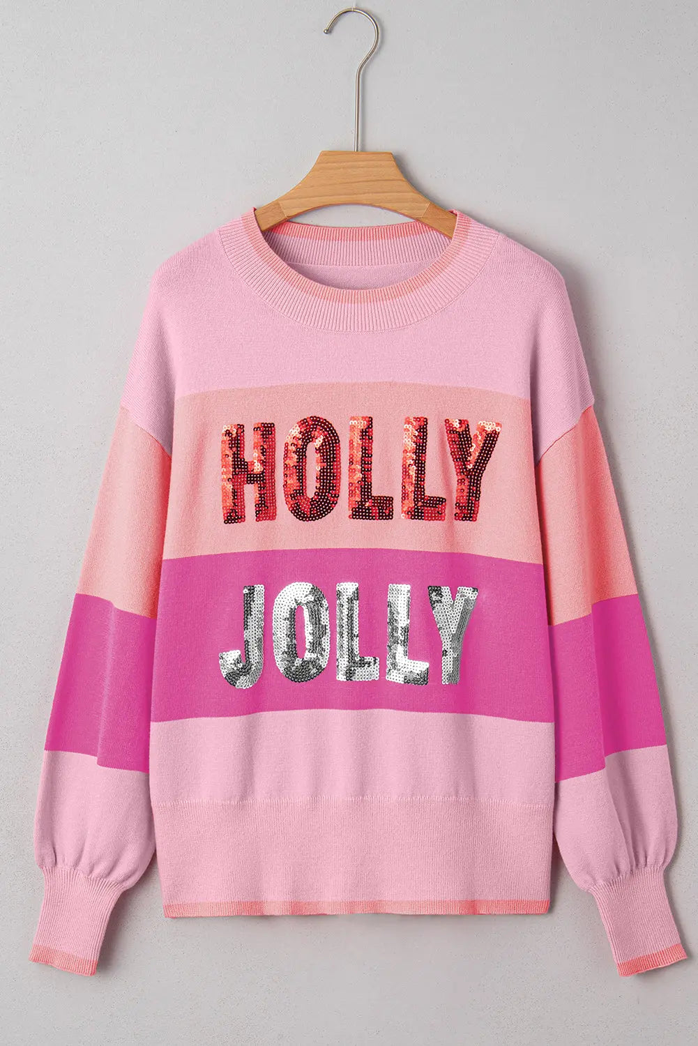 Pink Sequined HOLLY JOLLY Color Block Crew Neck Sweater Dear-Lover Dropshipping