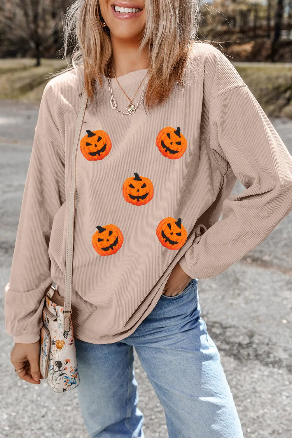 Apricot Twisted Rib Texture Chenille Halloween Pumpkin Patched Drop Shoulder Sweatshirt Dear-Lover Dropshipping