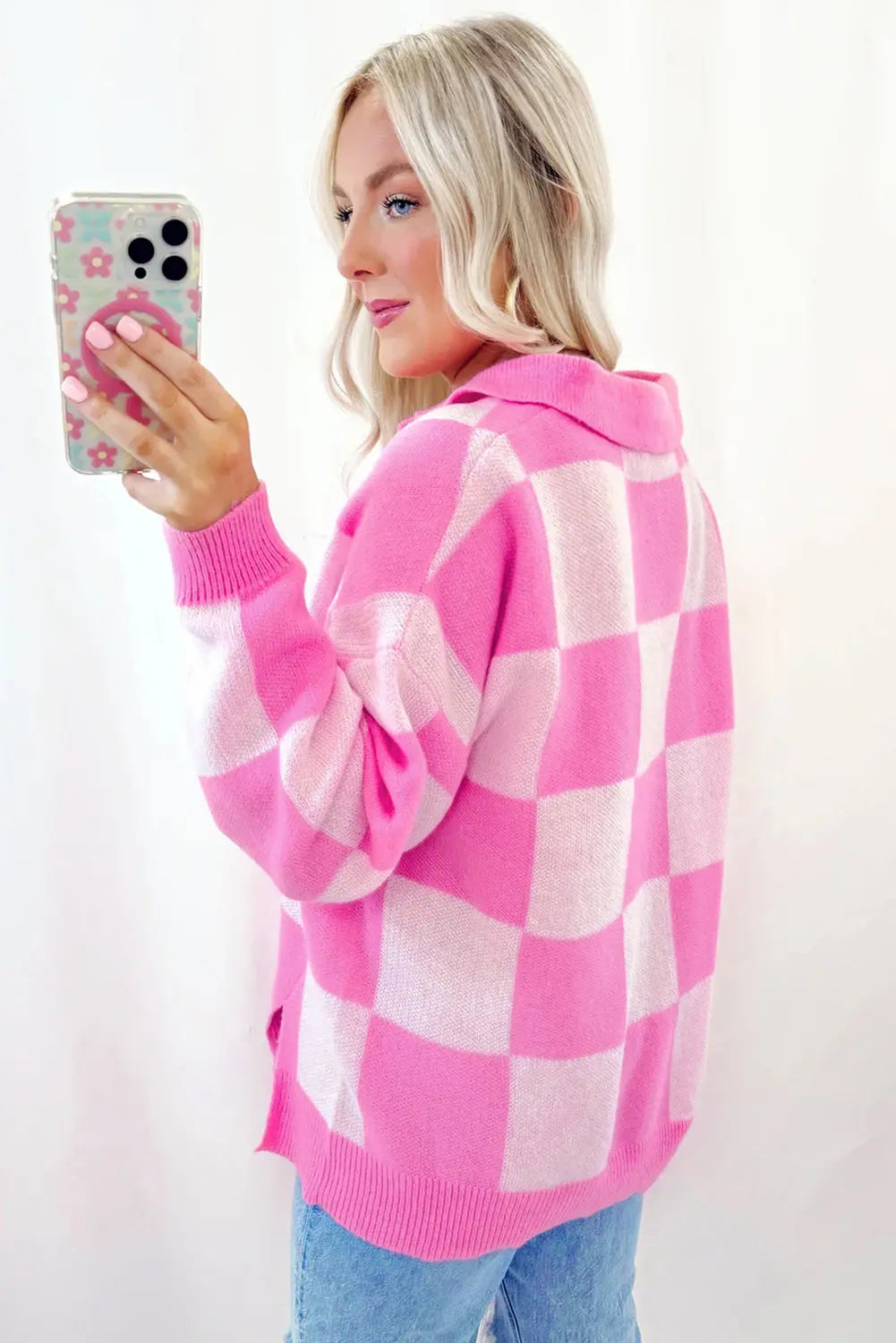 Pink Checkerboard Half Button Collared Drop Shoulder Sweater Dear-Lover Dropshipping