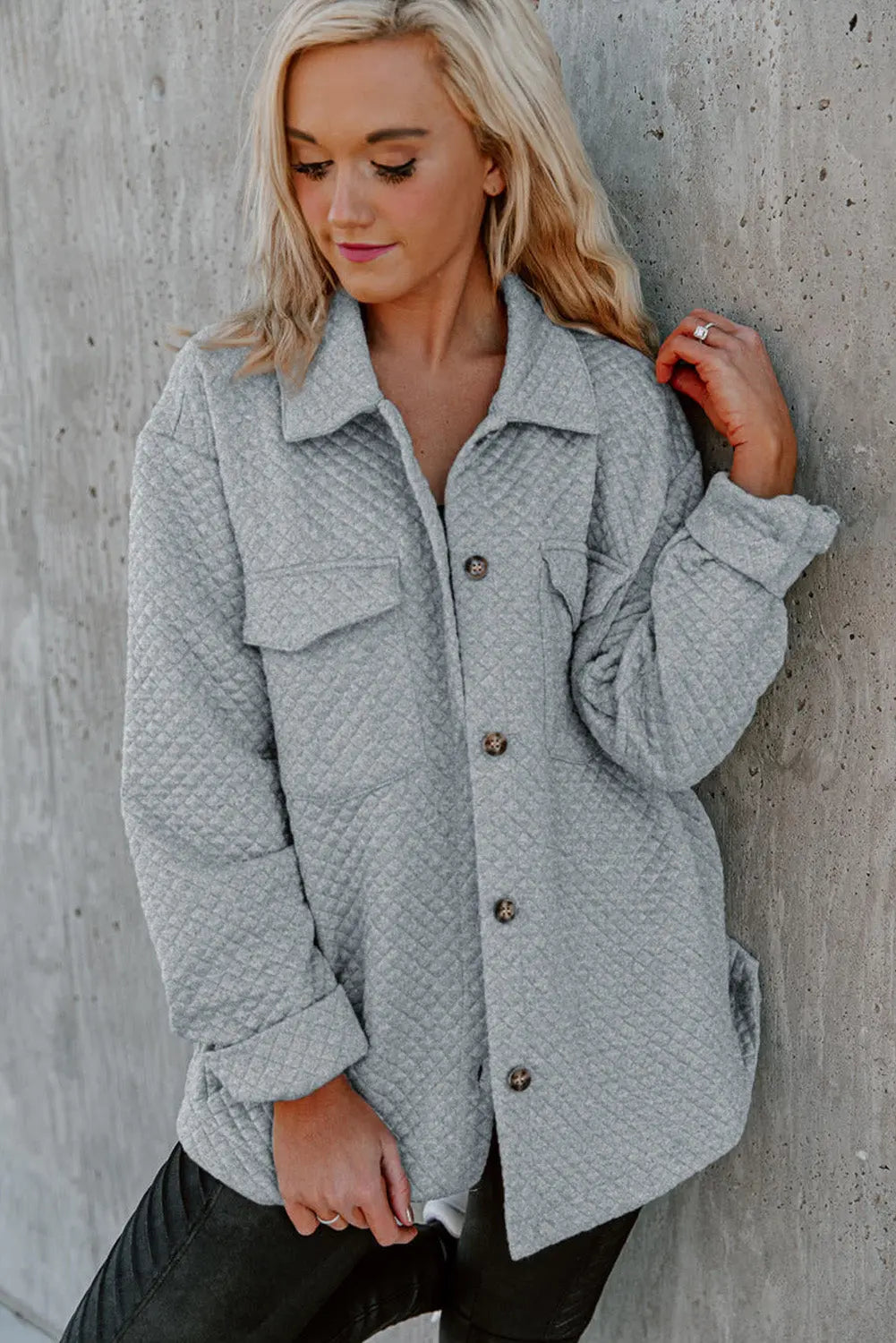 Gray Retro Quilted Flap Pocket Button Shacket Dear-Lover Dropshipping