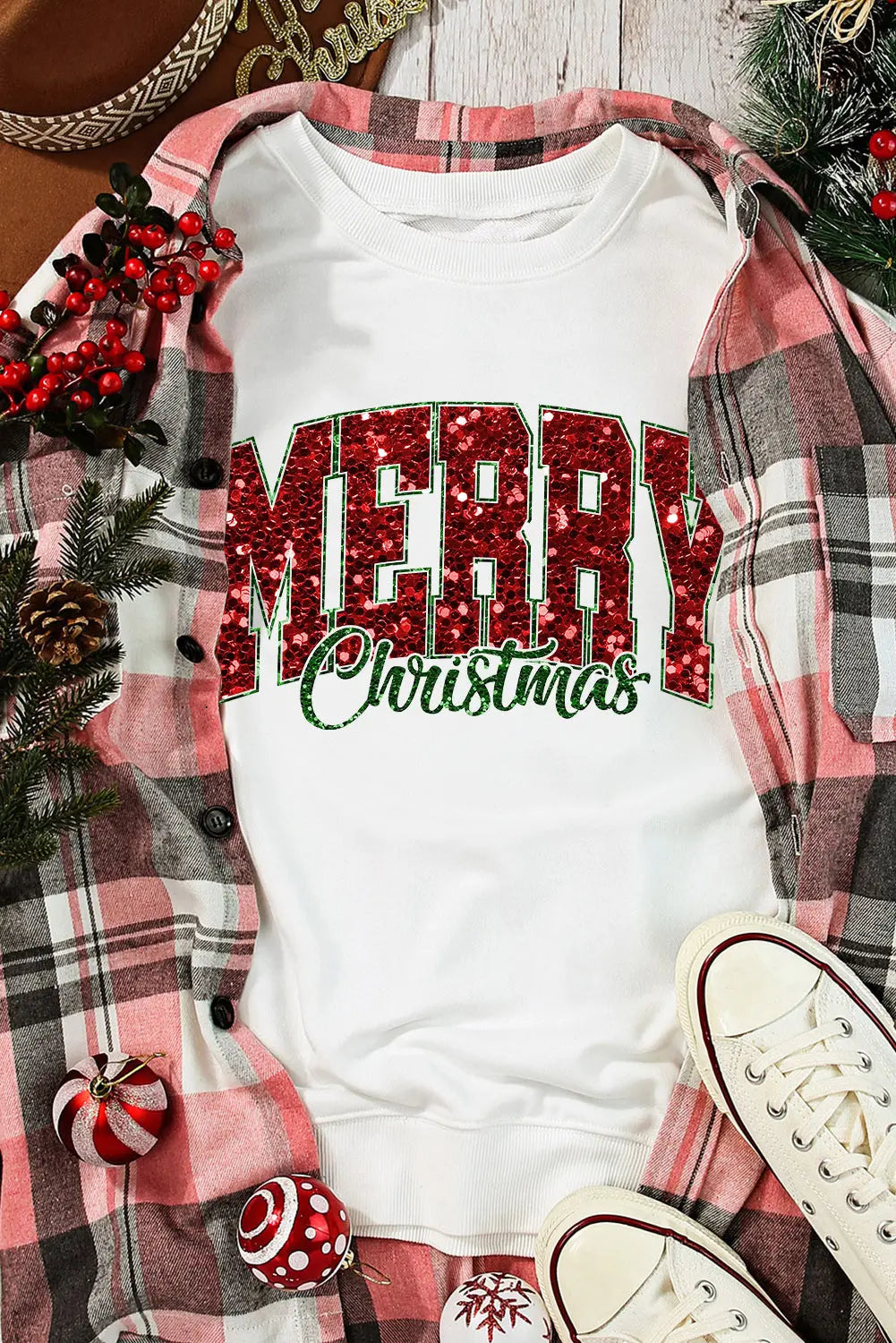 Beige MERRY Christmas Heat Transfer Printing Crewneck Pullover Sweatshirt Dear-Lover Dropshipping