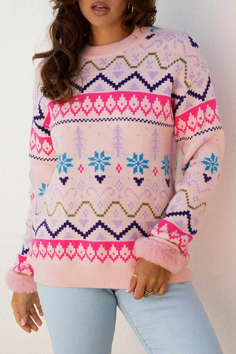 Multicolour Ethnic Christmas Pattern Knit Feather Cuffed Sweater Dear-Lover Dropshipping