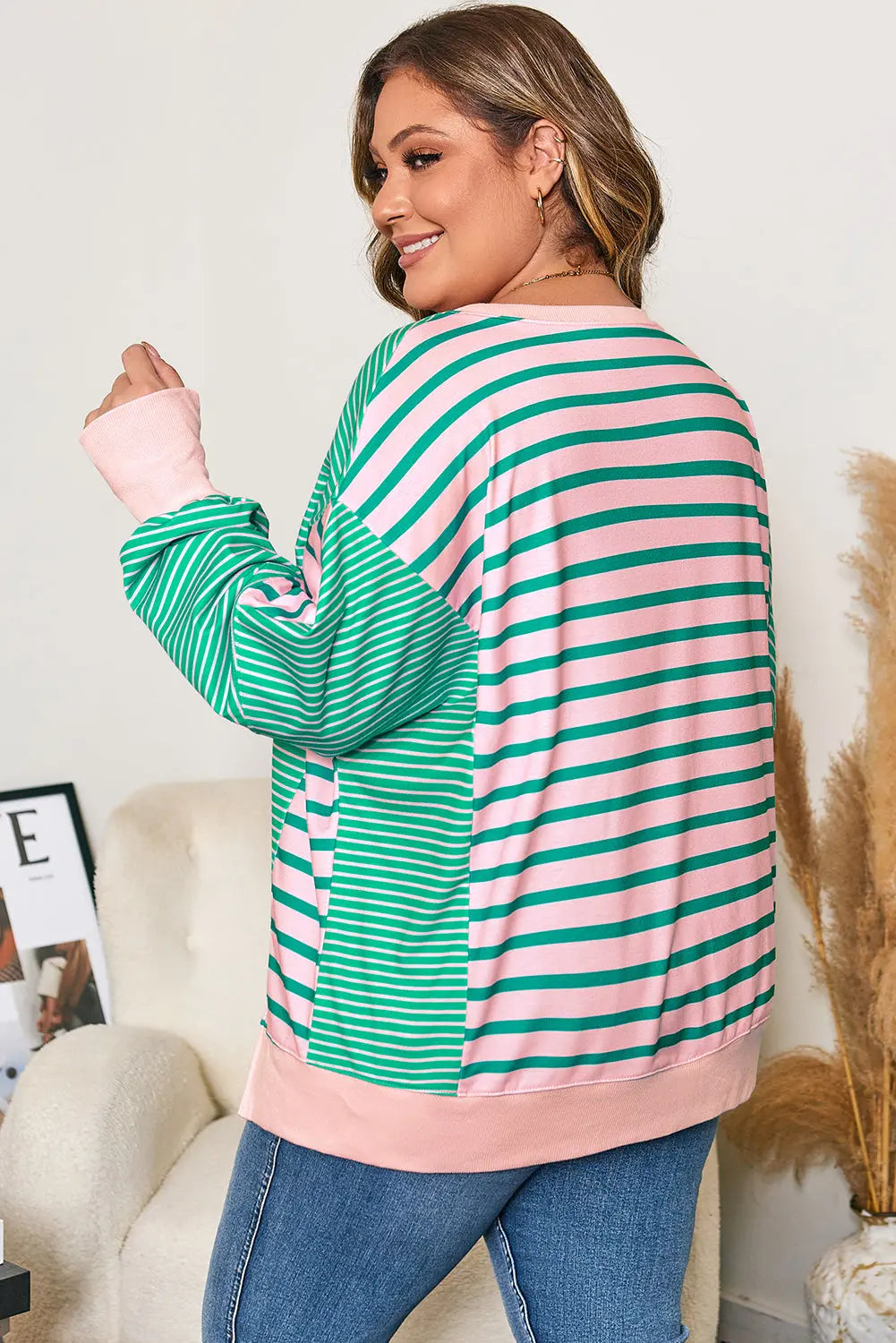 Green Stripe Color Block Exposed Seam Side Slit Plus Size Sweatshirt Dear-Lover Dropshipping