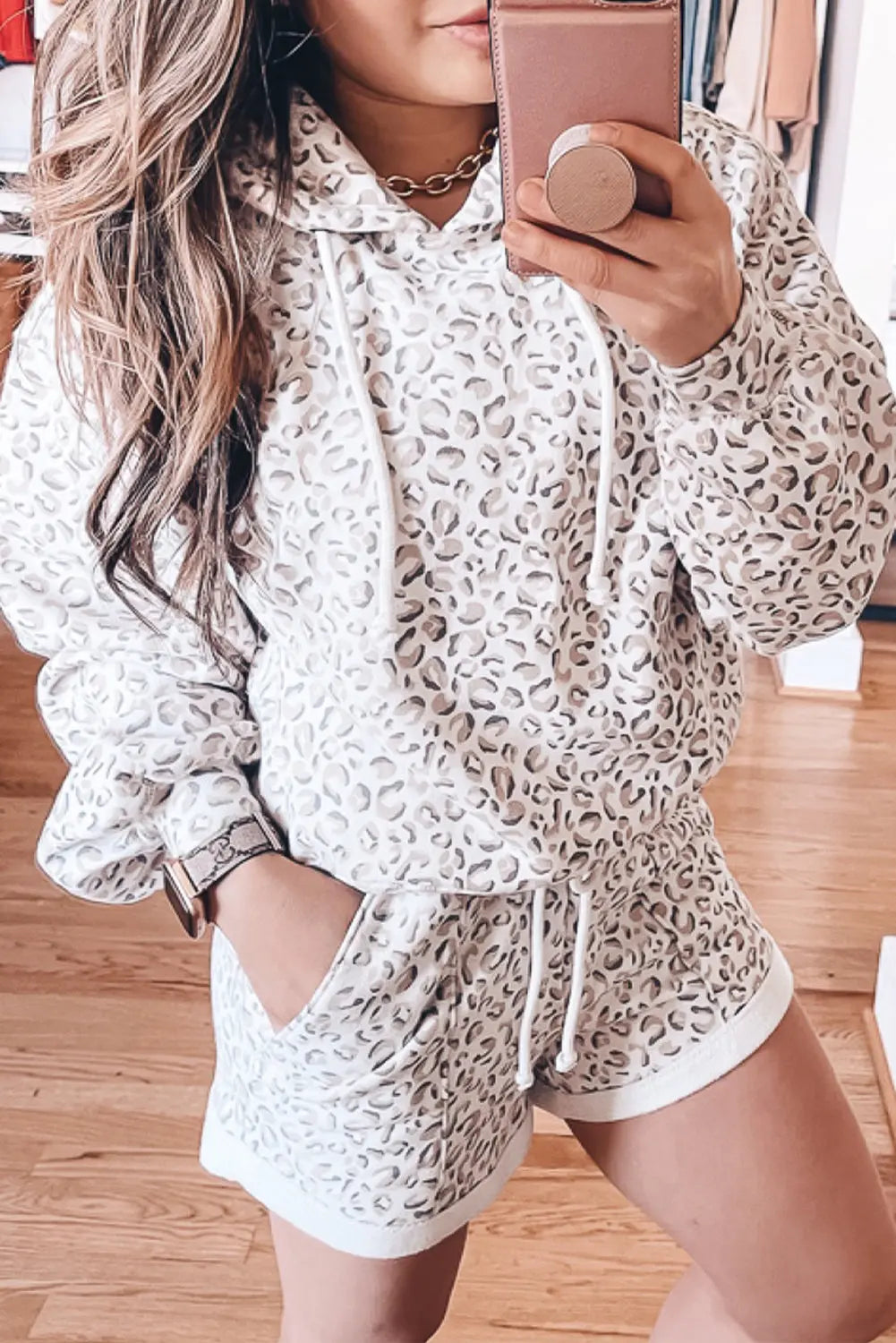 White Classic Leopard Hoodie and Shorts Set Dear-Lover Dropshipping