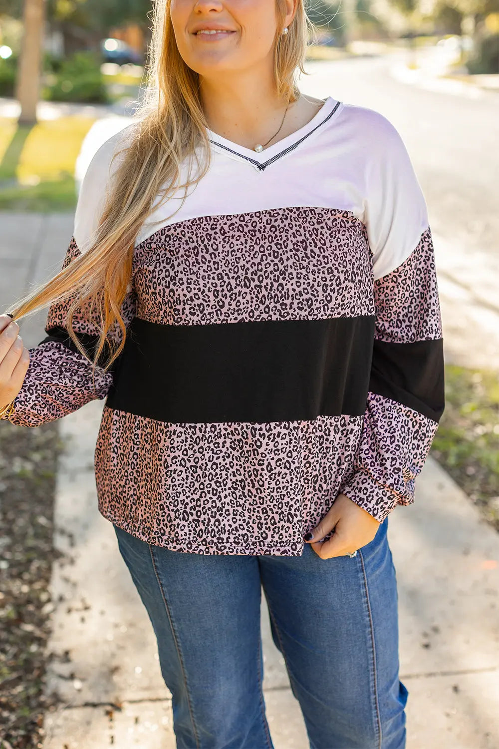 Black Leopard Print Colorblock V Neck Long Sleeve Plus Size Top Dear-Lover Dropshipping