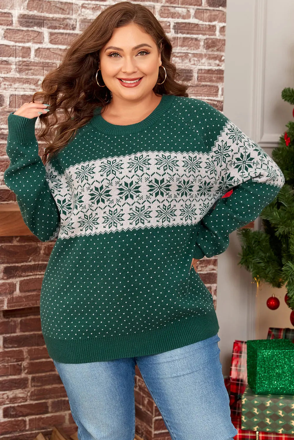 Green Christmas Snowflake Pattern Drop Shoulder Plus Size Sweater Dear-Lover Dropshipping