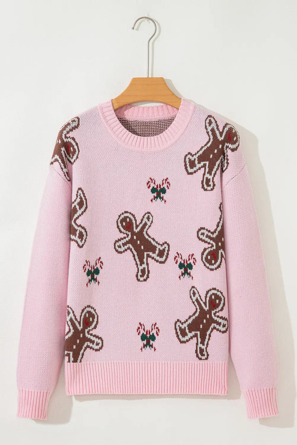 Pink Christmas Ginger Bread Man Print Round Neck Casual Sweater Dear-Lover Dropshipping