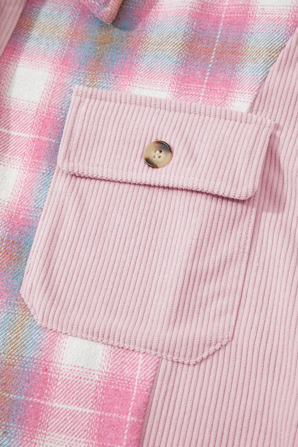 Pink Brushed Plaid Corduroy Flap Pockets Patchwork Shacket Dear-Lover Dropshipping