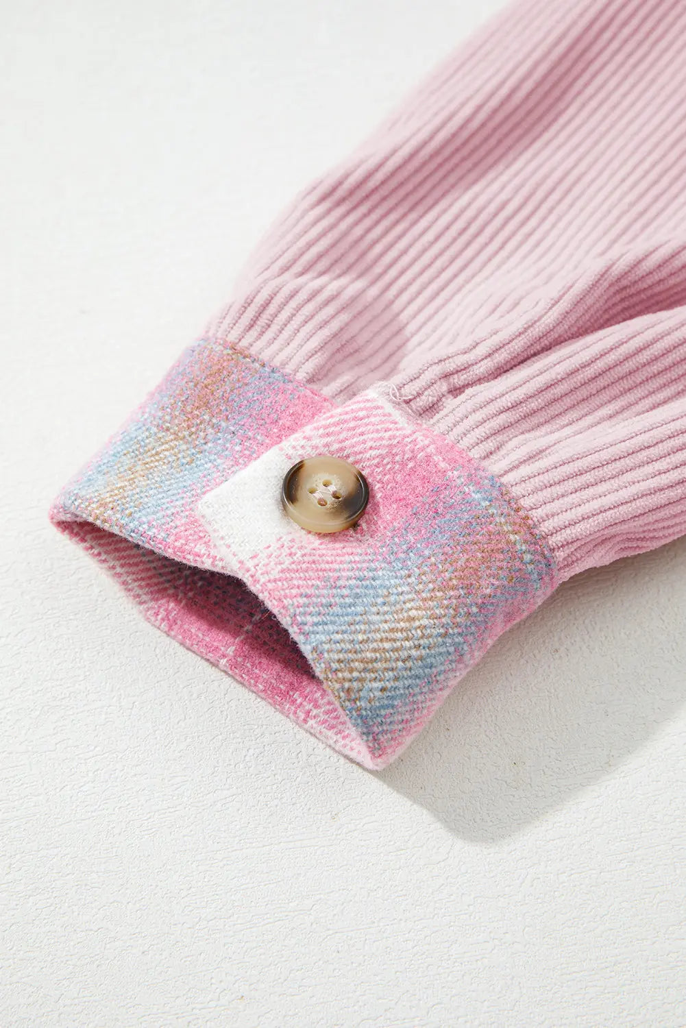 Pink Brushed Plaid Corduroy Flap Pockets Patchwork Shacket Dear-Lover Dropshipping