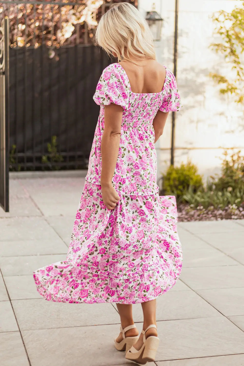 Pink Dainty Floral Smocked Puff Sleeve Flowy Long Dress Dear-Lover Dropshipping