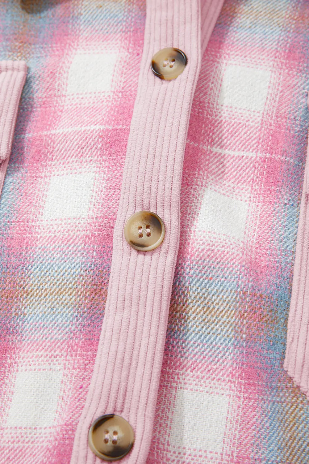Pink Brushed Plaid Corduroy Flap Pockets Patchwork Shacket Dear-Lover Dropshipping