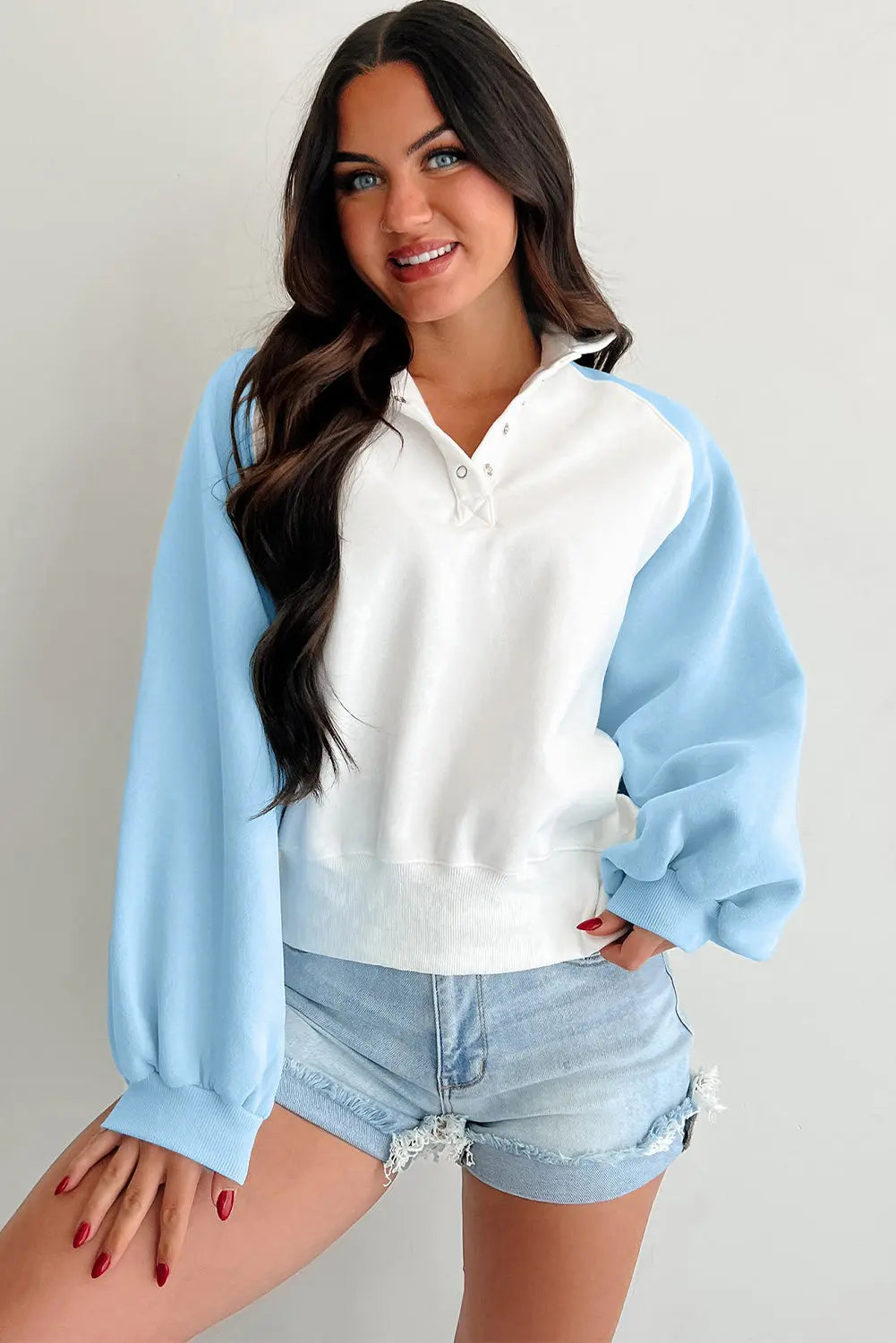Beau Blue Colorblock Snap Buttons Pullover Sweatshirt Dear-Lover Dropshipping
