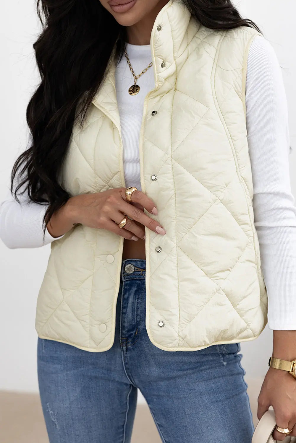 Beige Quilted High Neck Button Up Pocket Vest Coat Dear-Lover Dropshipping