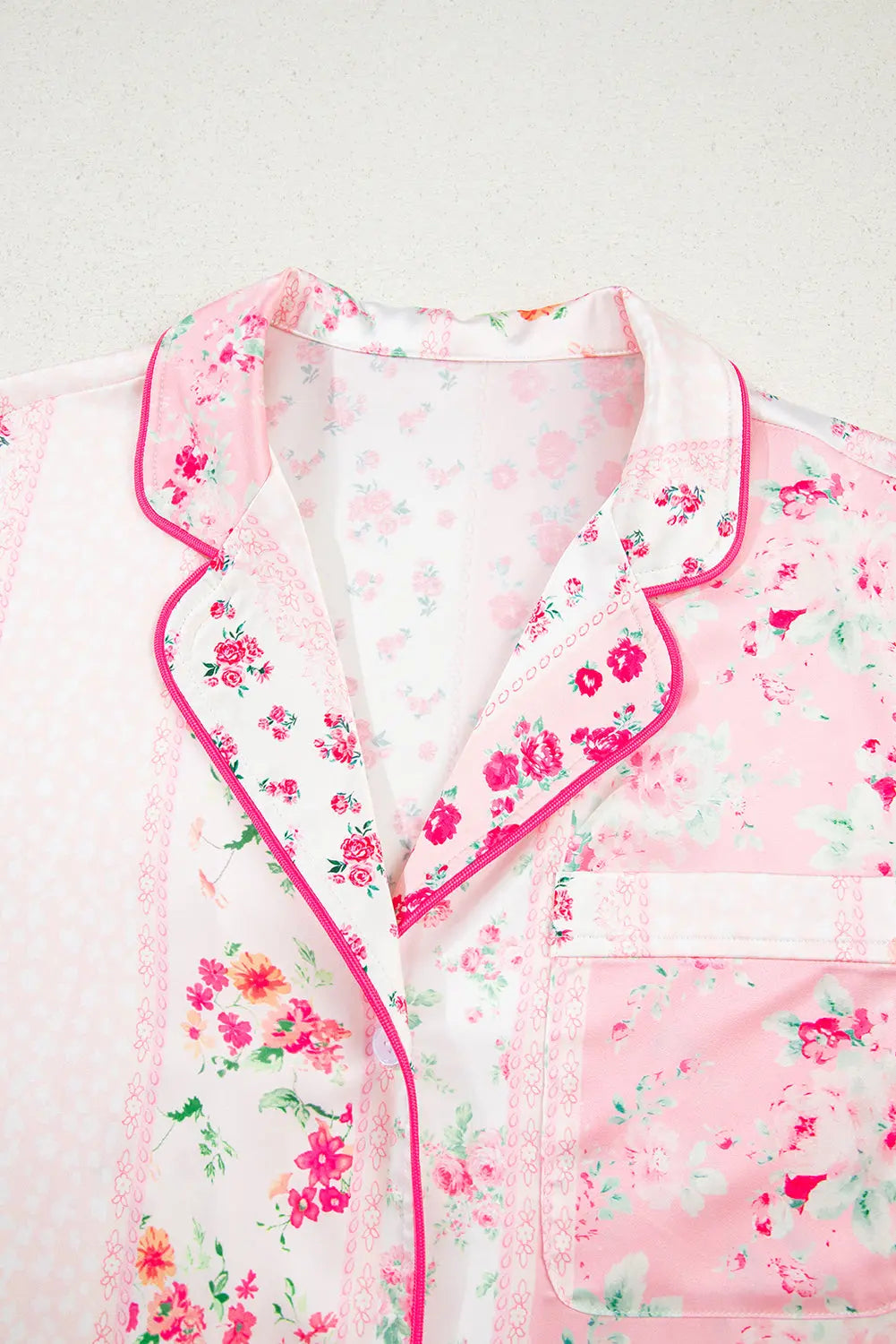 Pink Mixed Floral Print Contrast Piping Trim Satin Tie 2pcs Pajama Set Dear-Lover Dropshipping