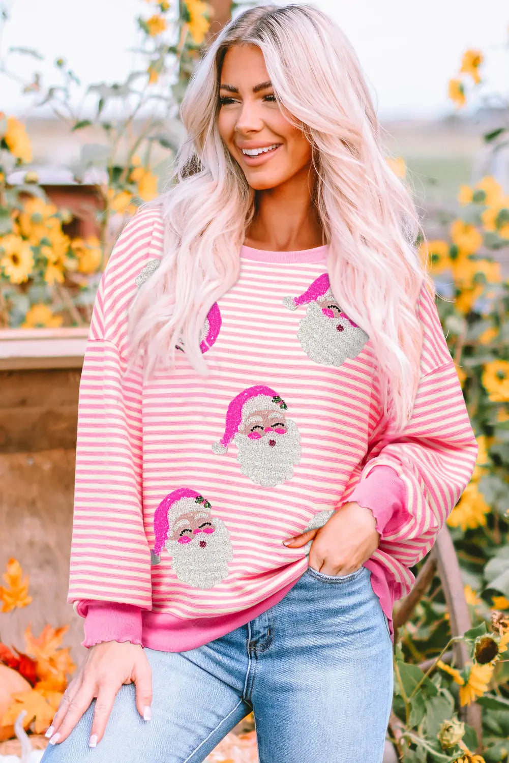 Pink Stripe Santa Clause Print Drop Shoulder Long Sleeve Loose Top Dear-Lover Dropshipping