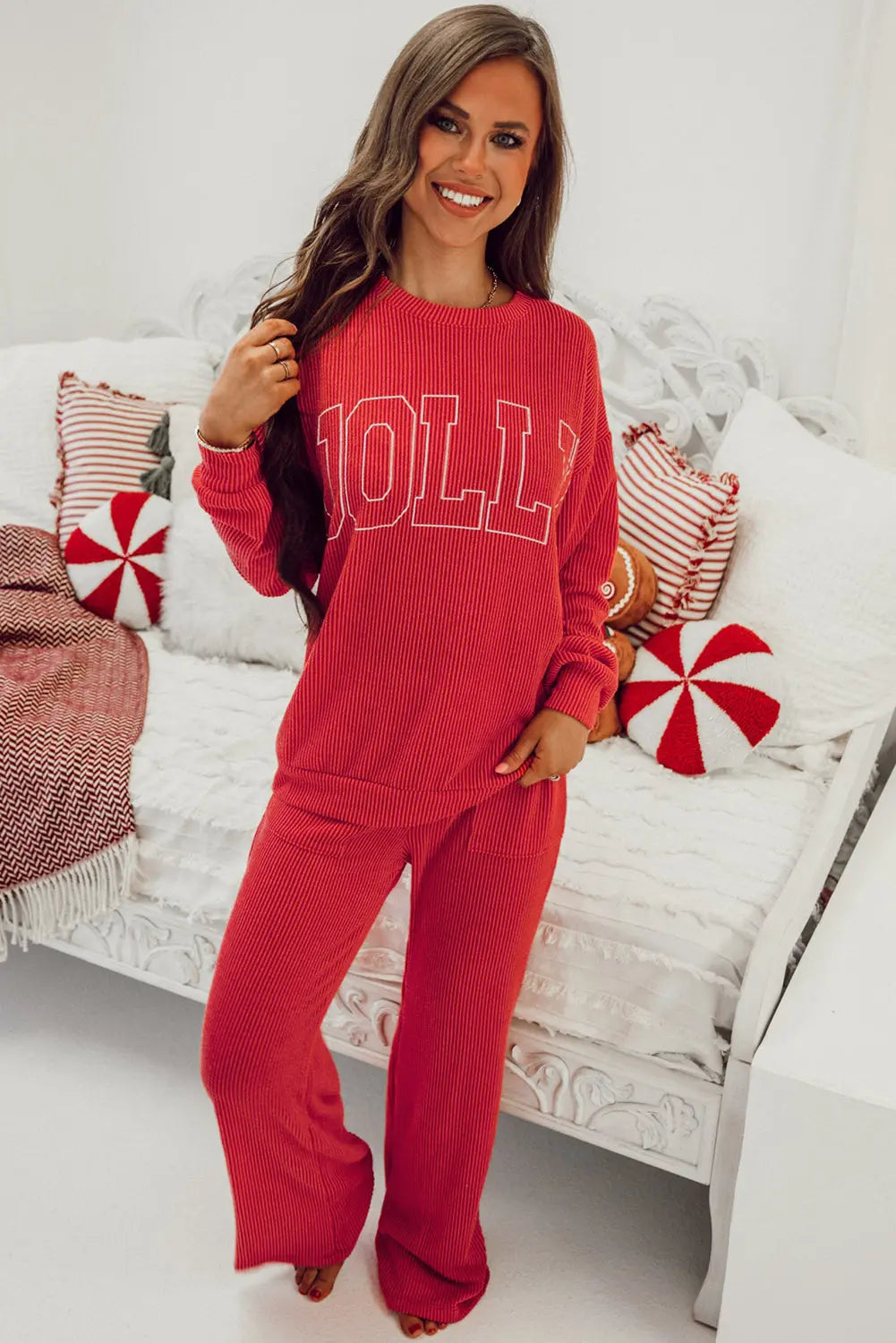 Fiery Red JOLLY Corded Long Sleeve Top and Pockets Pants Set Dear-Lover Dropshipping