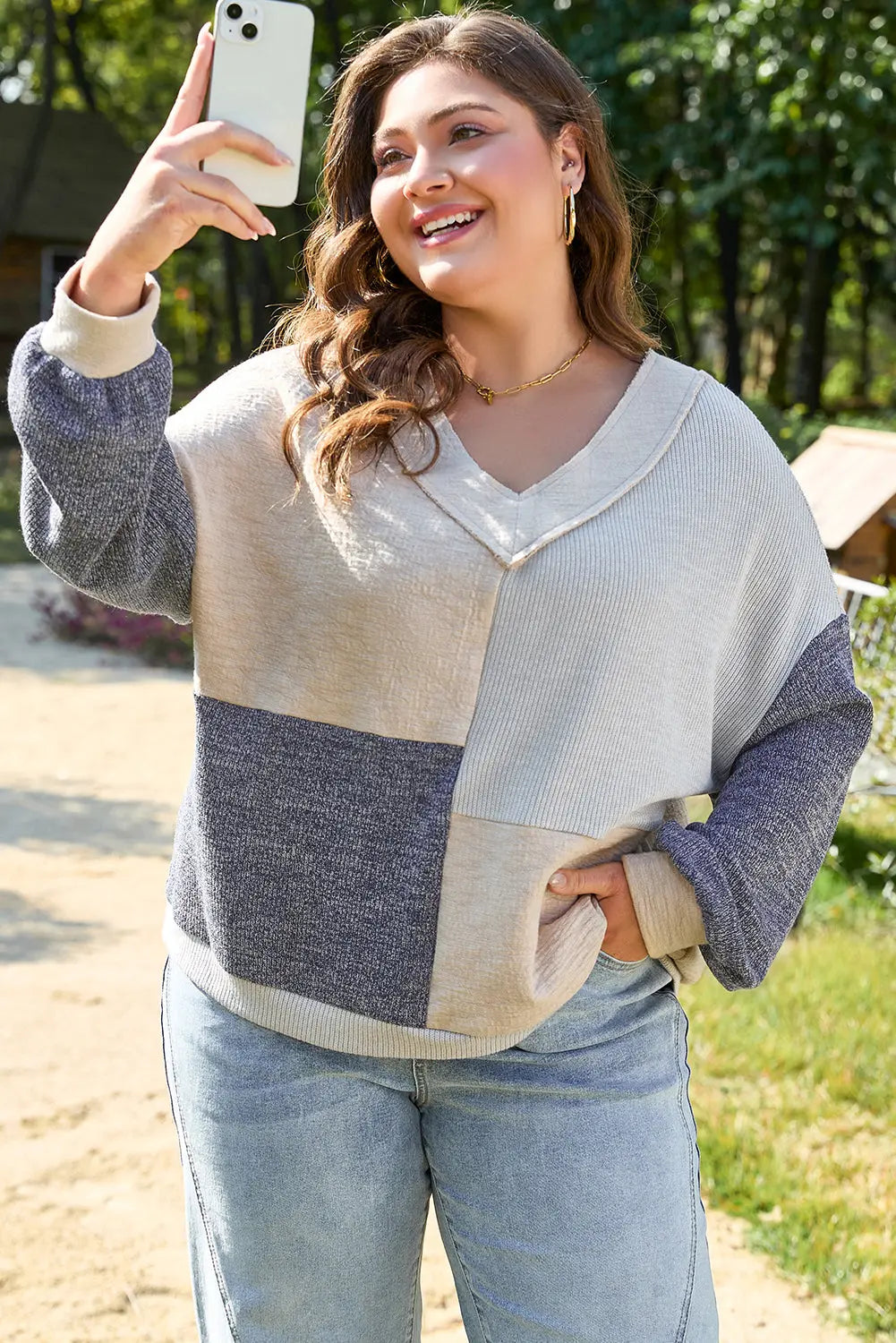 Ashleigh Blue Plus Size Textured Colorblock Patchwork V Neck Top Dear-Lover Dropshipping