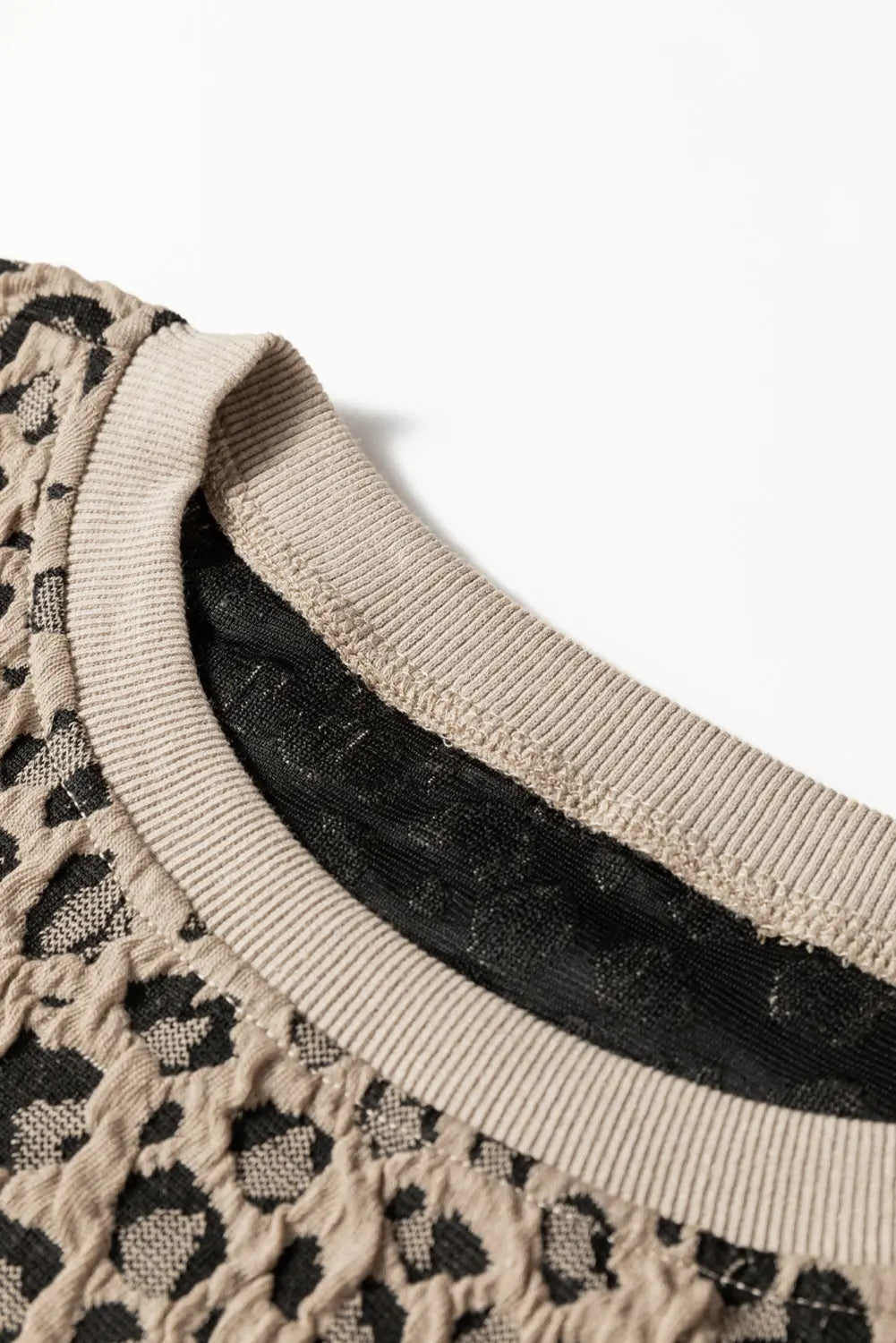 Khaki Ribbed Trim Leopard Print Long Sleeve Top Dear-Lover Dropshipping