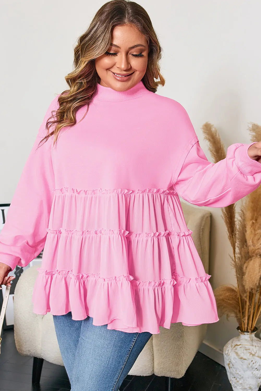 Pink Tiered Ruffle Ribbed Crew Neck Pullover Plus Size Top Dear-Lover Dropshipping