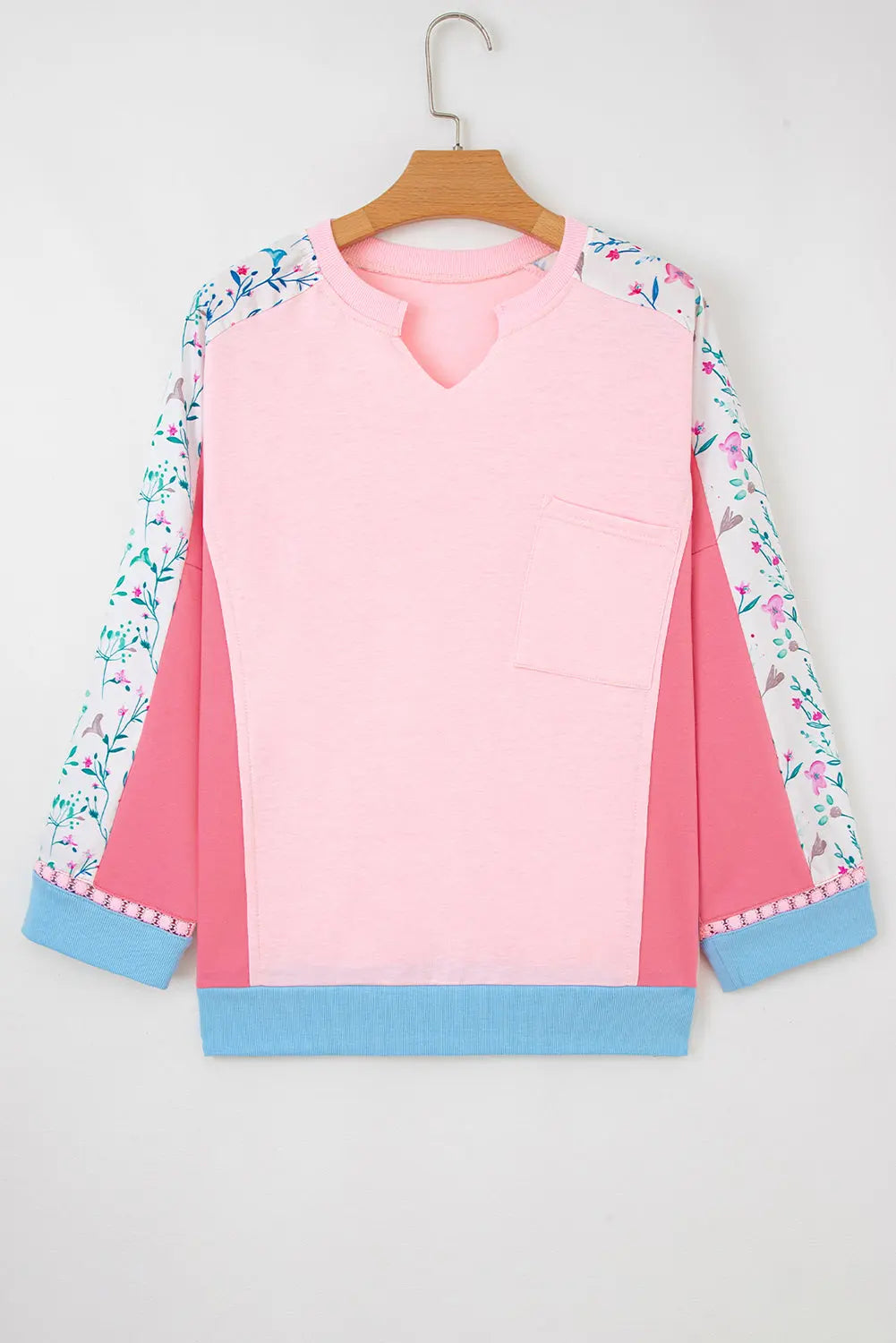 Light Pink Floral Colorblock Patchwork Chest Pocket Notched Neck Long Sleeve Top Dear-Lover Dropshipping