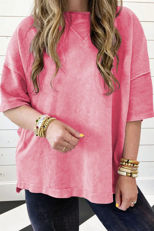 Strawberry Pink Mineral Wash Drop Sleeve Patchwork Plus Tee Dear-Lover Dropshipping