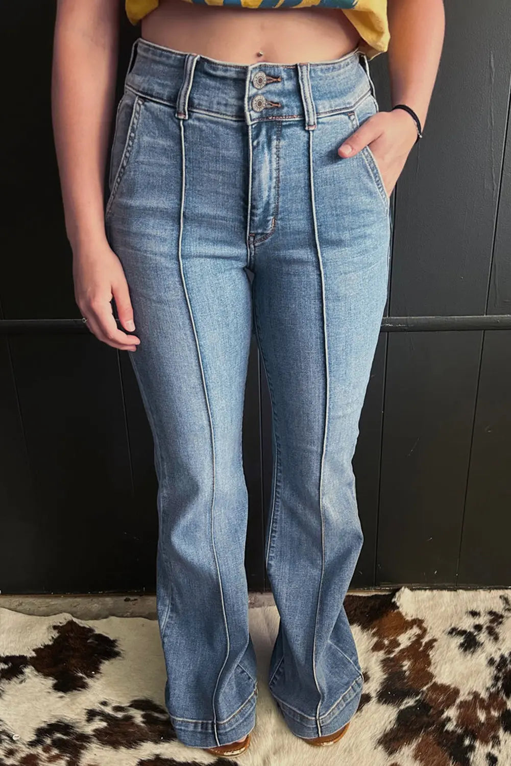 Dusk Blue 2 Button High Waist Piping Trim Bootcut Jeans Dear-Lover Dropshipping
