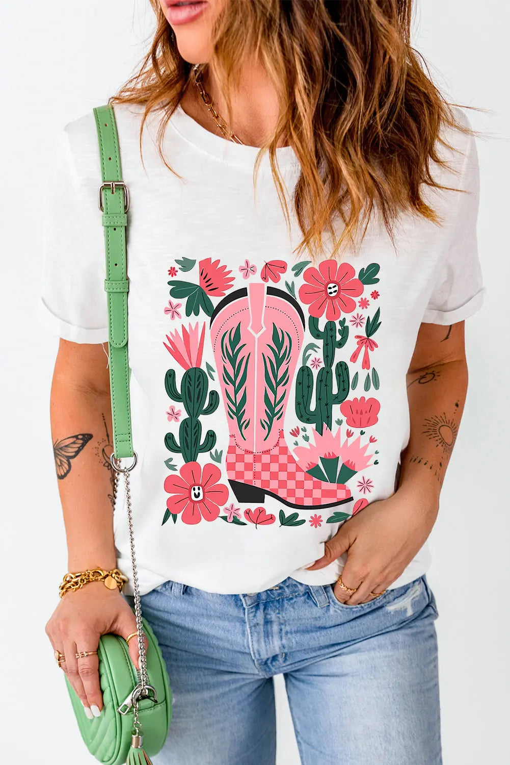 White Western Boots Flower Print Round Neck T Shirt Dear-Lover Dropshipping