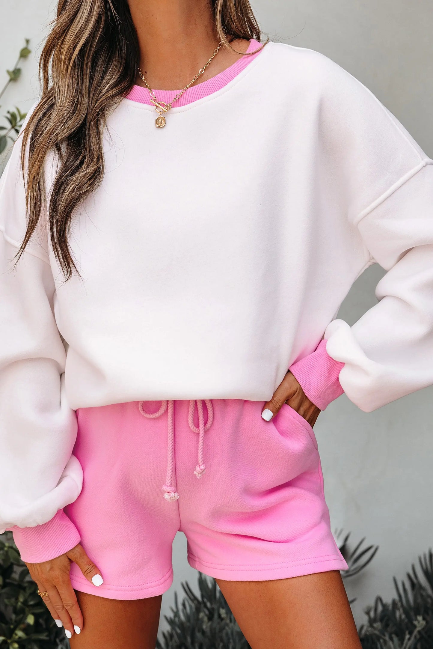 Strawberry Pink Color Block Pullover and Lace-up Elastic Waist Shorts Set Dear-Lover Dropshipping