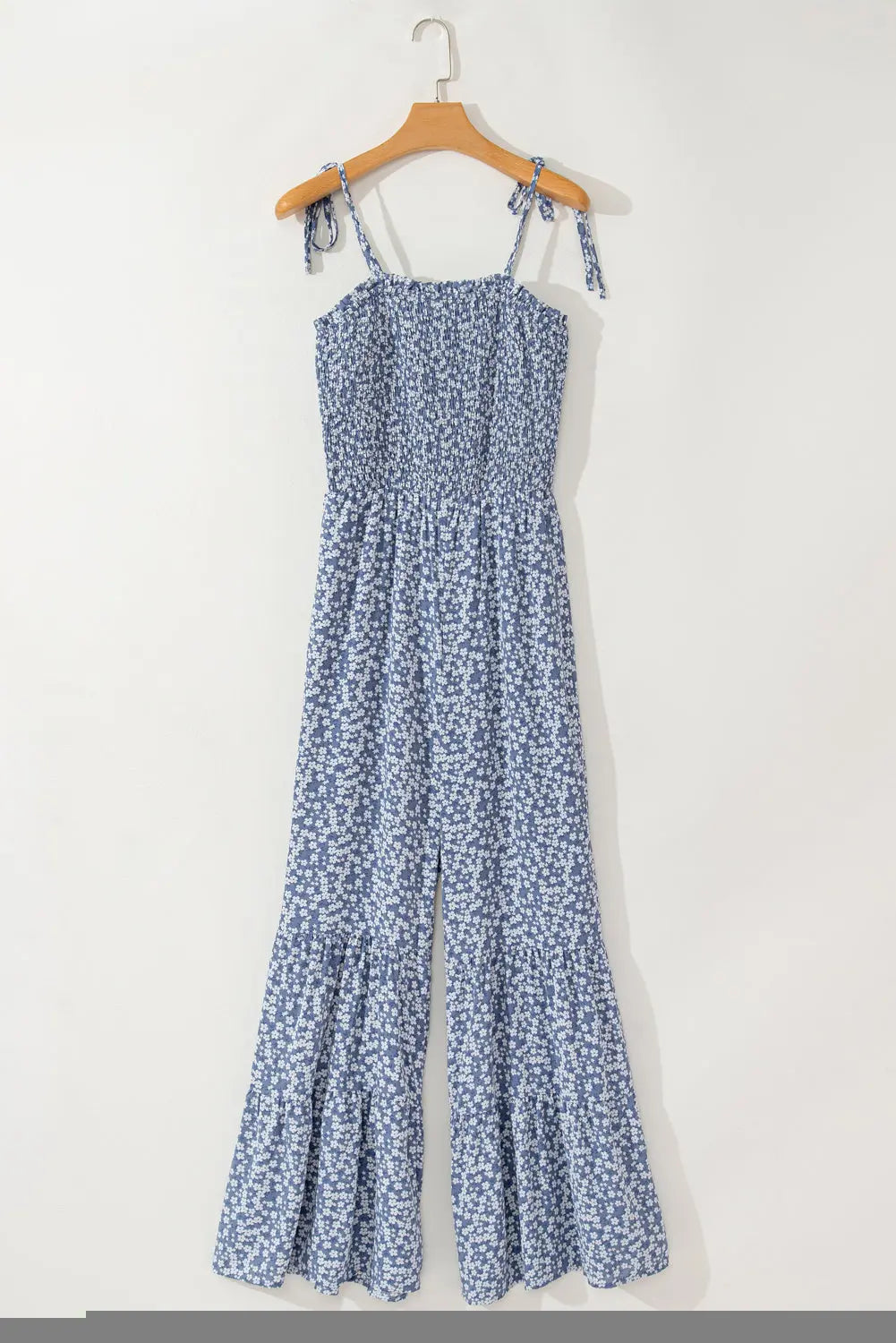 Dusk Blue Thin Straps Smocked Bodice Wide Leg Floral Jumpsuit Dear-Lover Dropshipping