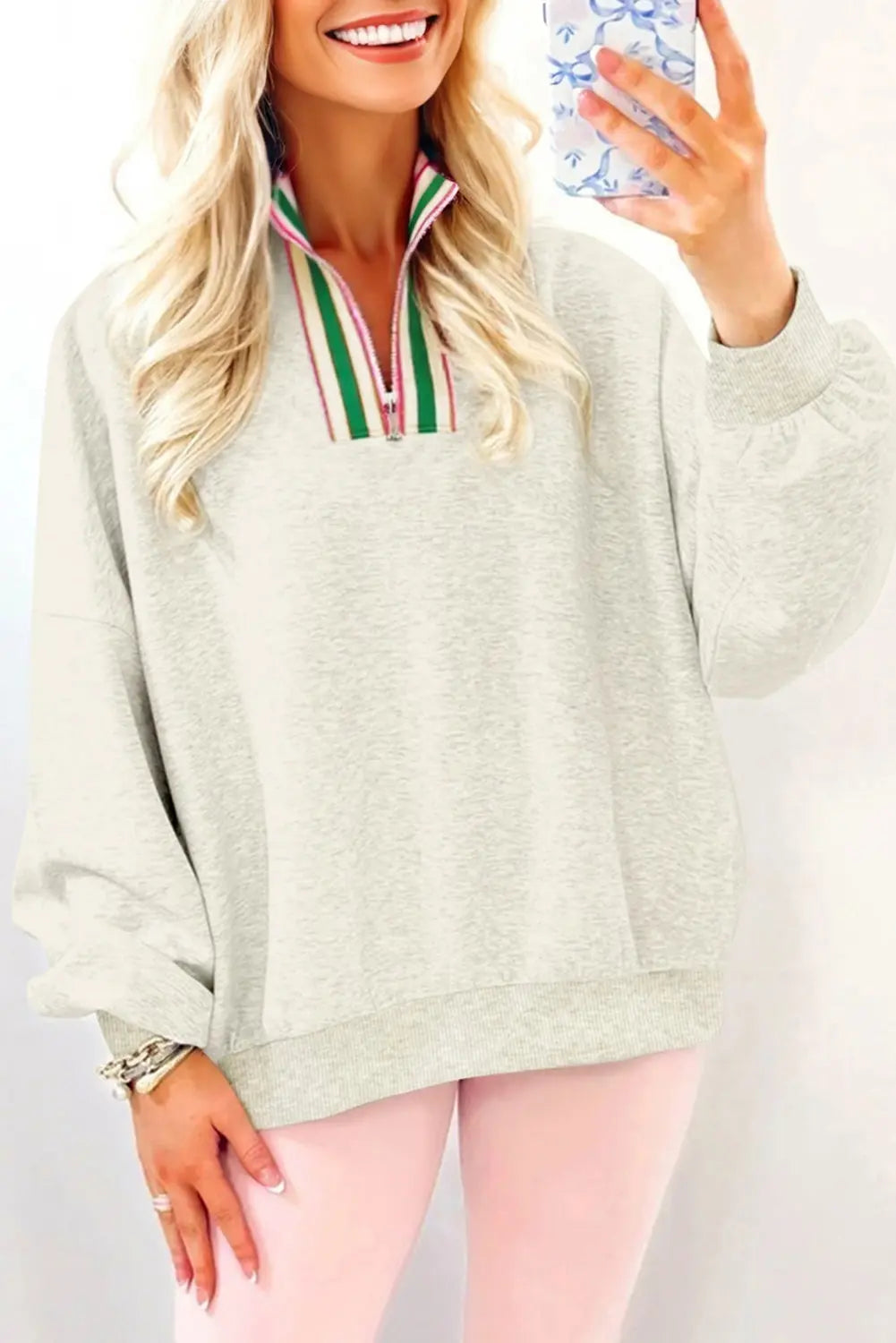 Light Grey Contrast Striped Patchwork Zip Collar Pullover Sweatshirt Dear-Lover Dropshipping
