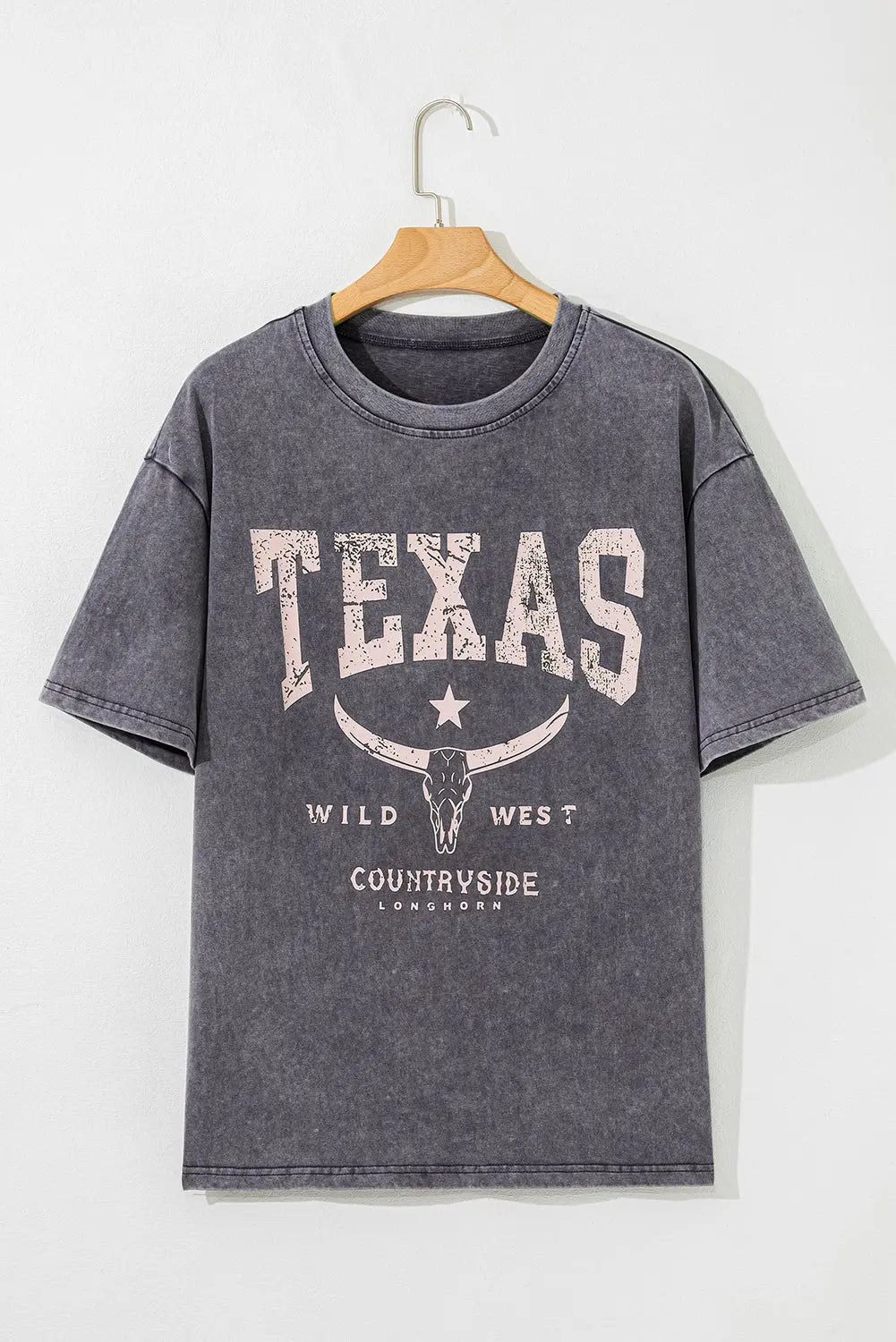 Medium Grey TEXAS Steer Head Graphic Mineral Wash Oversized T Shirt Dear-Lover Dropshipping