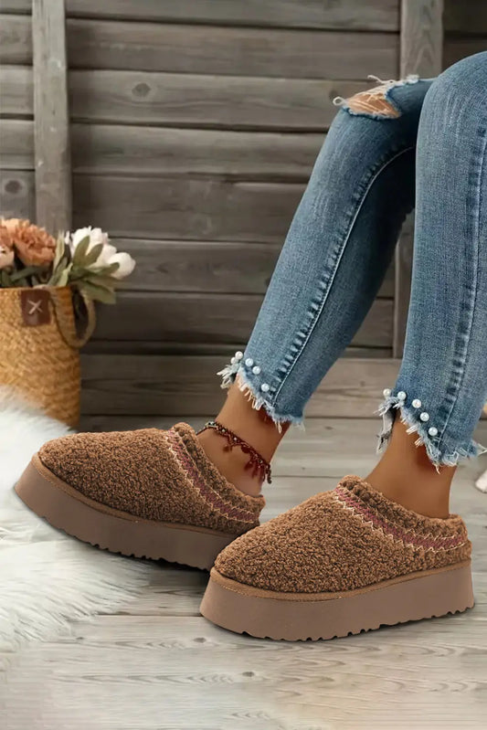 Chestnut Embroidered Sherpa Plush Thick Sole Snow Boots Dear-Lover Dropshipping
