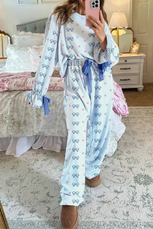 Sky Blue Stripe Bow Star Print Tied Detail 2pcs Lounge Set Dear-Lover Dropshipping