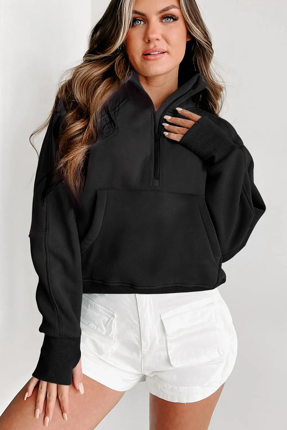 Black Fleece Lined Zip Up Stand Collar Thumbhole Sleeve Sweatshirt Dear-Lover Dropshipping