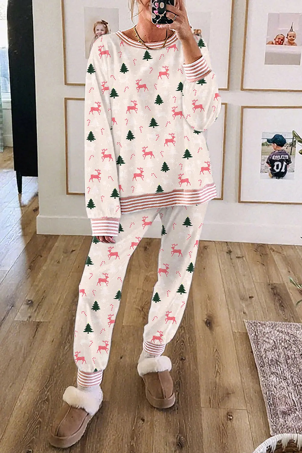 Pink Bow Christmas Tree Print Contrast Striped Banding 2pcs Lounge Set Dear-Lover Dropshipping