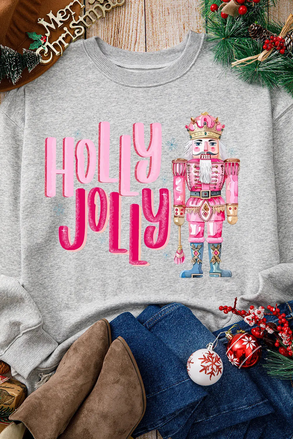 Gray HOLLY JOLLY Nutcracker Print Crew Neck Christmas Sweatshirt Dear-Lover Dropshipping