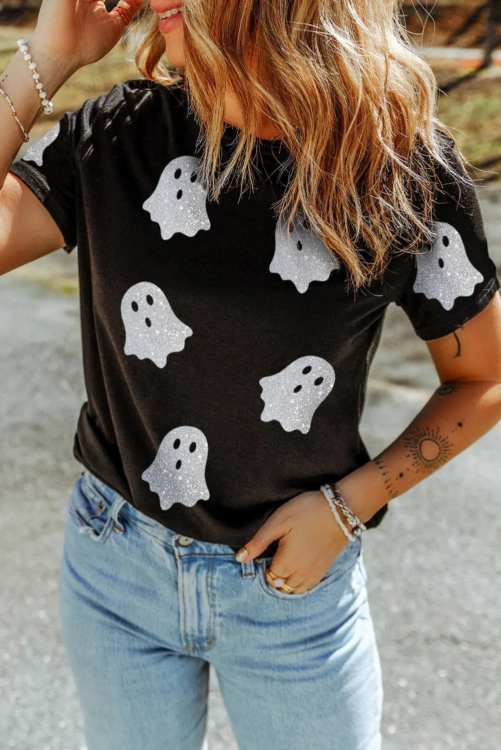 Black Glitter Ghost Pattern Crew Neck Halloween T Shirt Dear-Lover Dropshipping