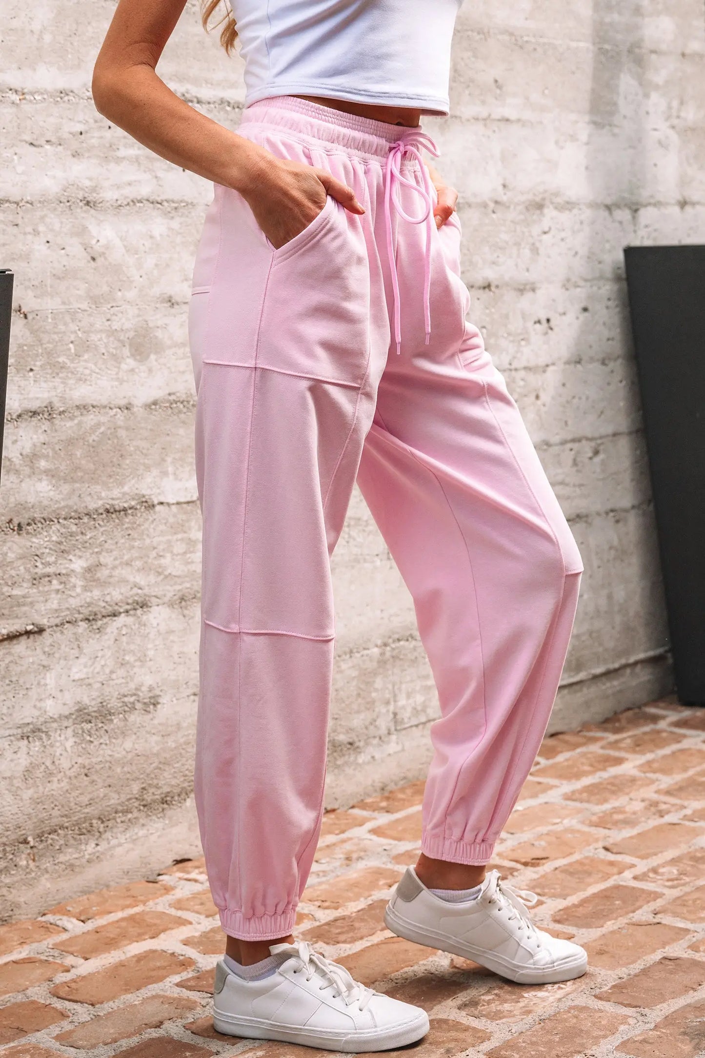 Light Pink Drawstring Elastic Waistband Solid Color Jogger Pants Dear-Lover Dropshipping