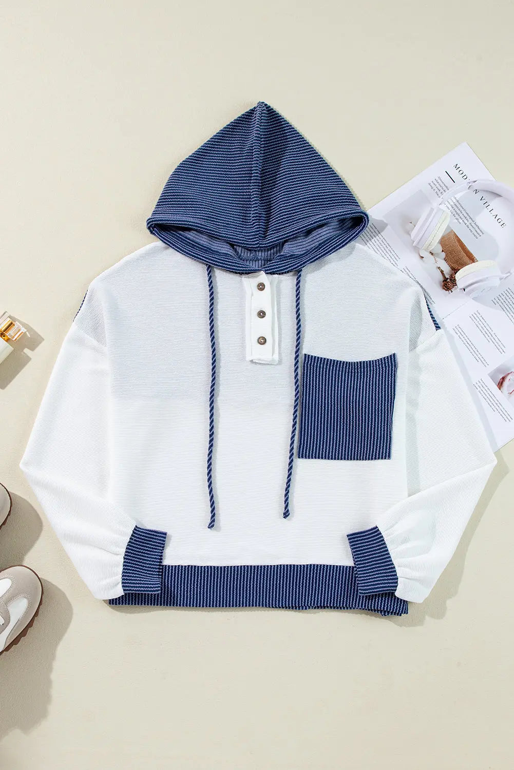 White Corded Colorblock Patch Pocket Drawstring Hooded Top Dear-Lover Dropshipping