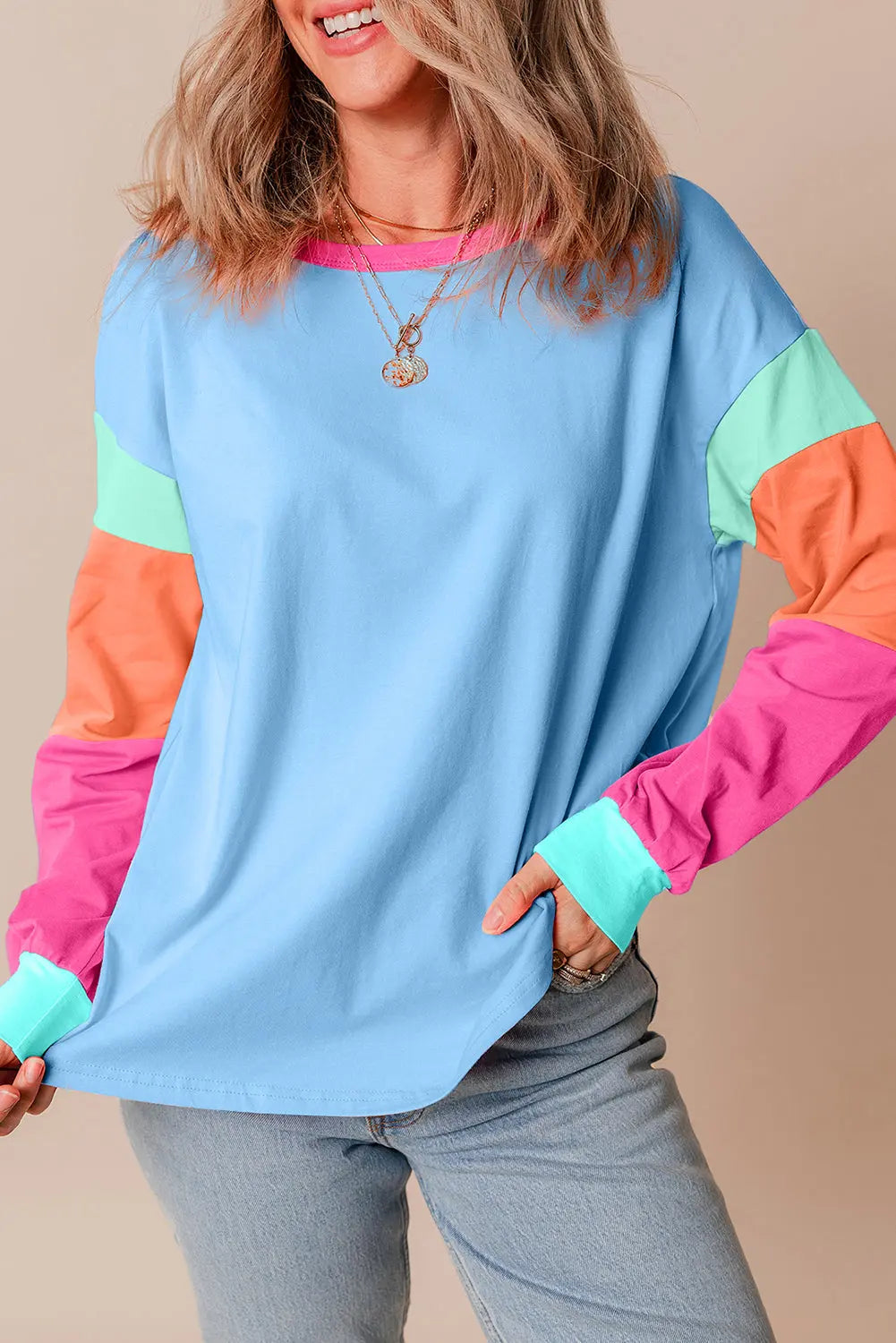 Dark Blue Colorblock Patchwork Long Sleeve Loose Top Dear-Lover Dropshipping