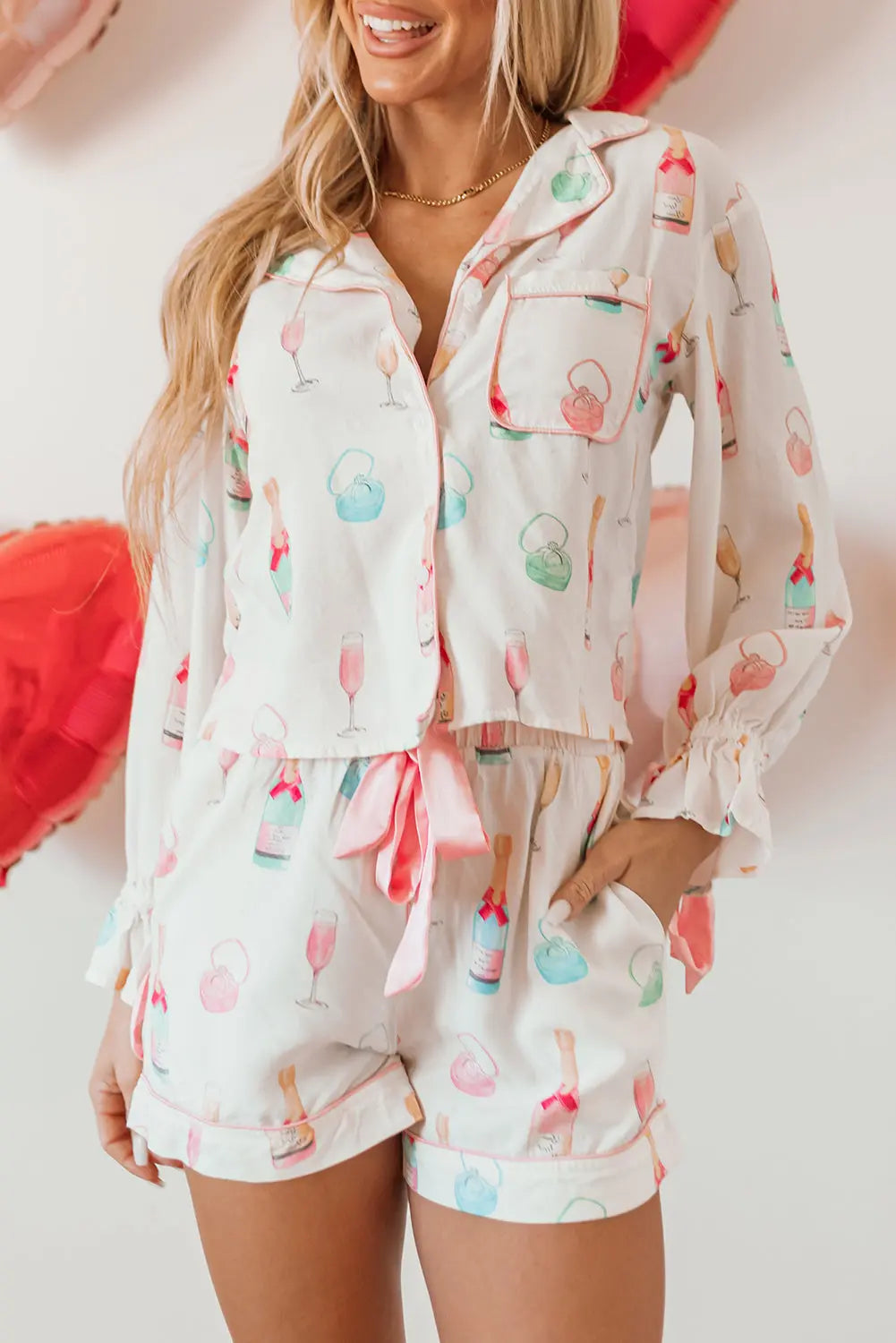White Christmas Wine Glass Print Bow Knot Two Piece Pajama Set Dear-Lover Dropshipping