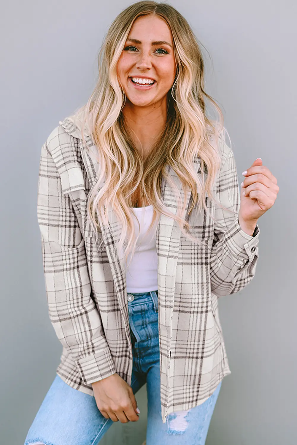 Khaki Plaid Removable Hood Buttoned Shacket Dear-Lover Dropshipping