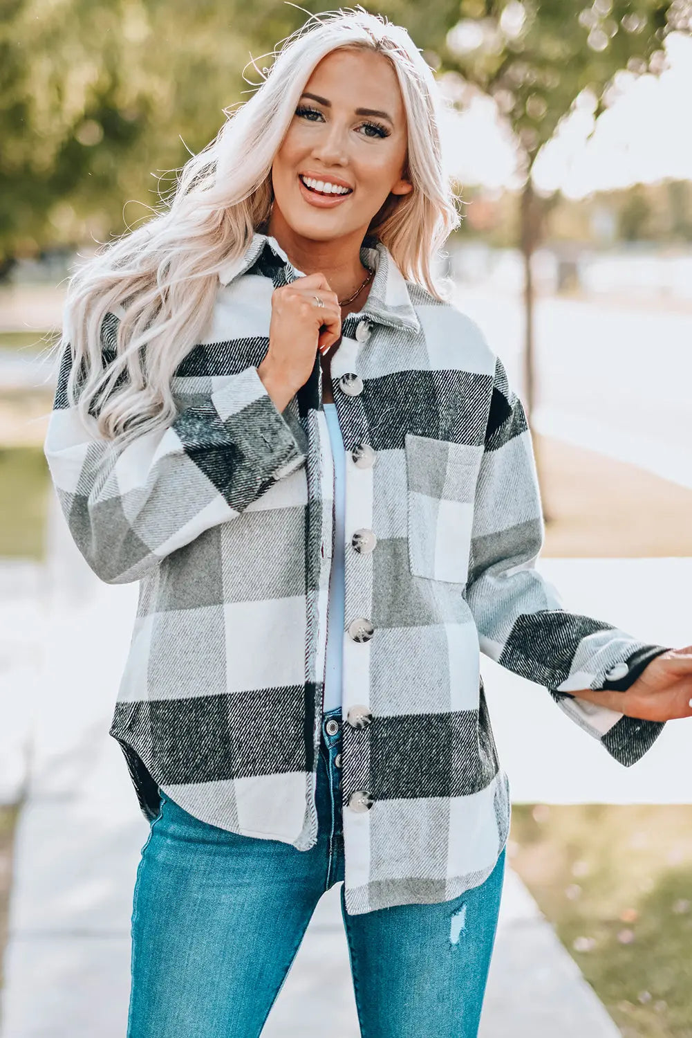 Gray Plaid Color Block Buttoned Long Sleeve Jacket with Pocket Dear-Lover Dropshipping