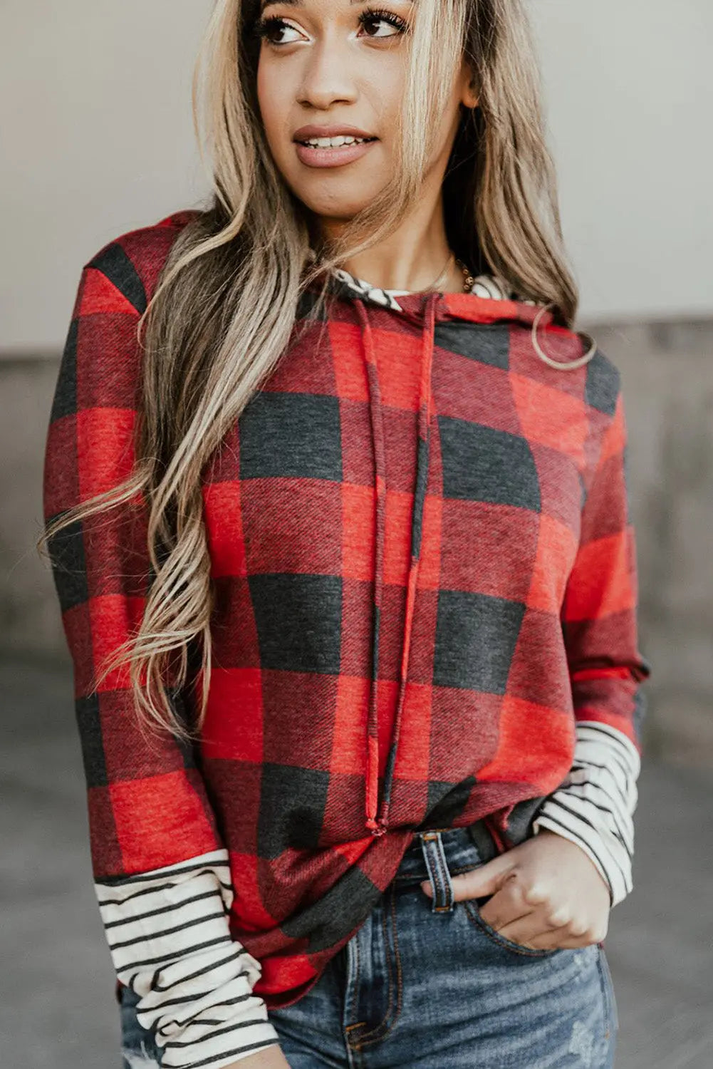 Fiery Red Christmas Plaid Striped Patchwork Drawstring Hoodie Dear-Lover Dropshipping