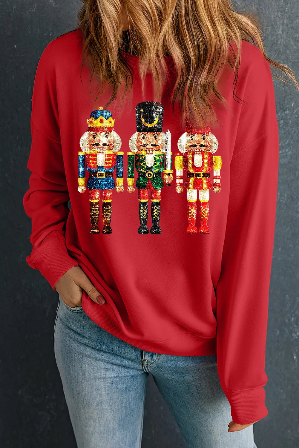 Red Christmas Metallic Nutcracker Graphic Crew Neck Sweatshirt Dear-Lover Dropshipping