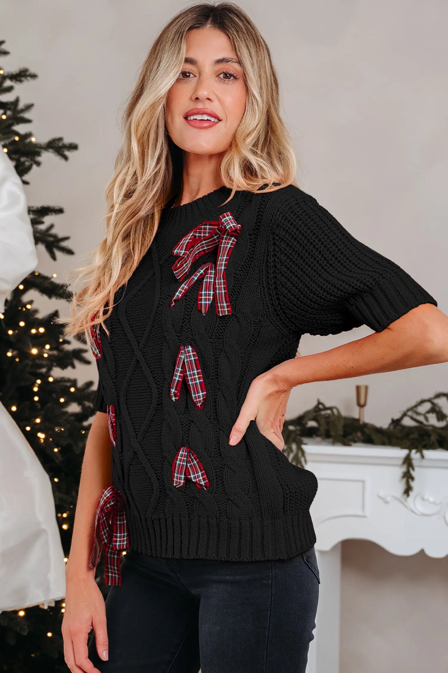 Black Plaid Lace up Detail Christmas Holiday Puff Short Sleeve Sweater Dear-Lover Dropshipping