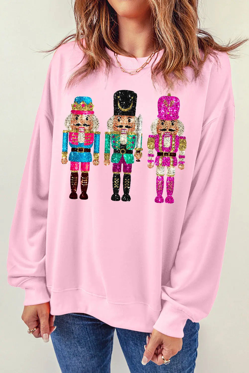 Pink Cute Nutcracker Printed Drop Shoulder Christmas Sweatshirt Dear-Lover Dropshipping