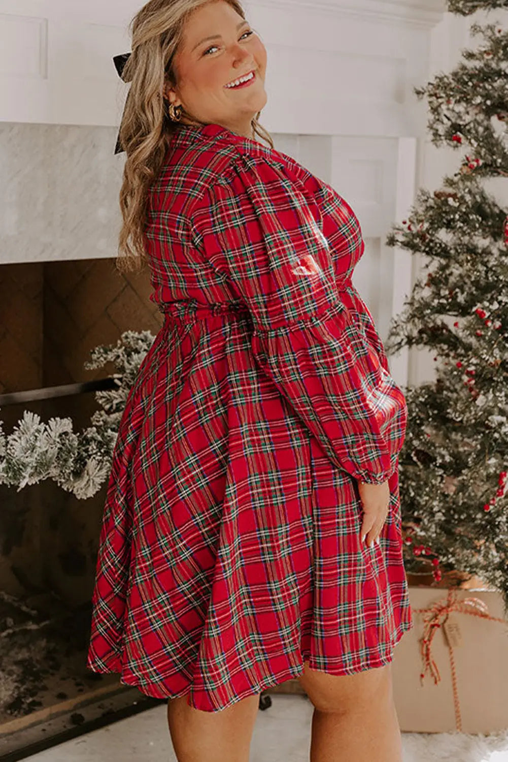 Red Plus Size Plaid Half Button Long Sleeve Holiday Dress Dear-Lover Dropshipping